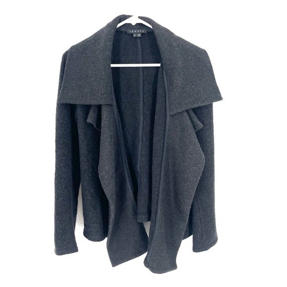 THEORY Riva Classic Cashmere Wool Charcoal Grey Open Cardigan Collared Sweater - Picture 3 of 7